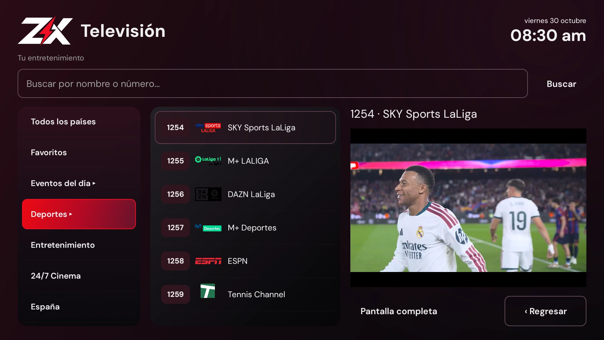 Vista de ZeusX con Deportes seleccionado, SKY Sports LaLiga y una imagen del Clásico